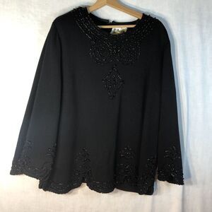 Palena Knitwear Size 24.5 Black Beaded Long Sleeve Sweater 100% Wool Vintage